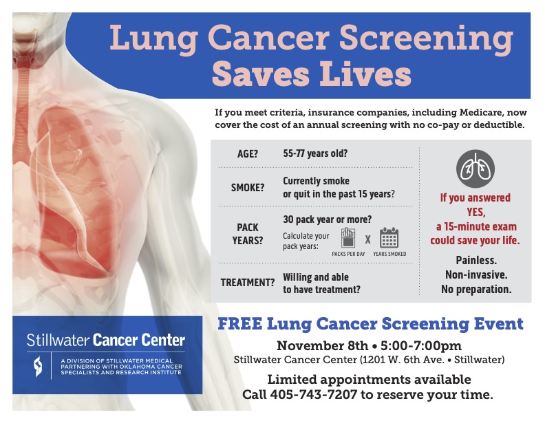 Call our Nurse Navigator at 405-743-7207 to see if you qualify for our FREE Lung Cancer Screening Event.