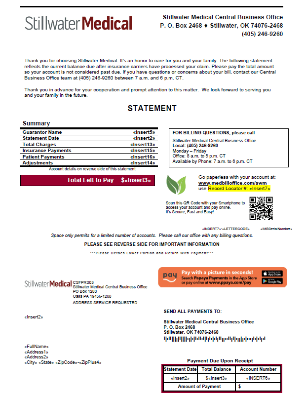 Sample bill for care received before October 4 from a Hospital